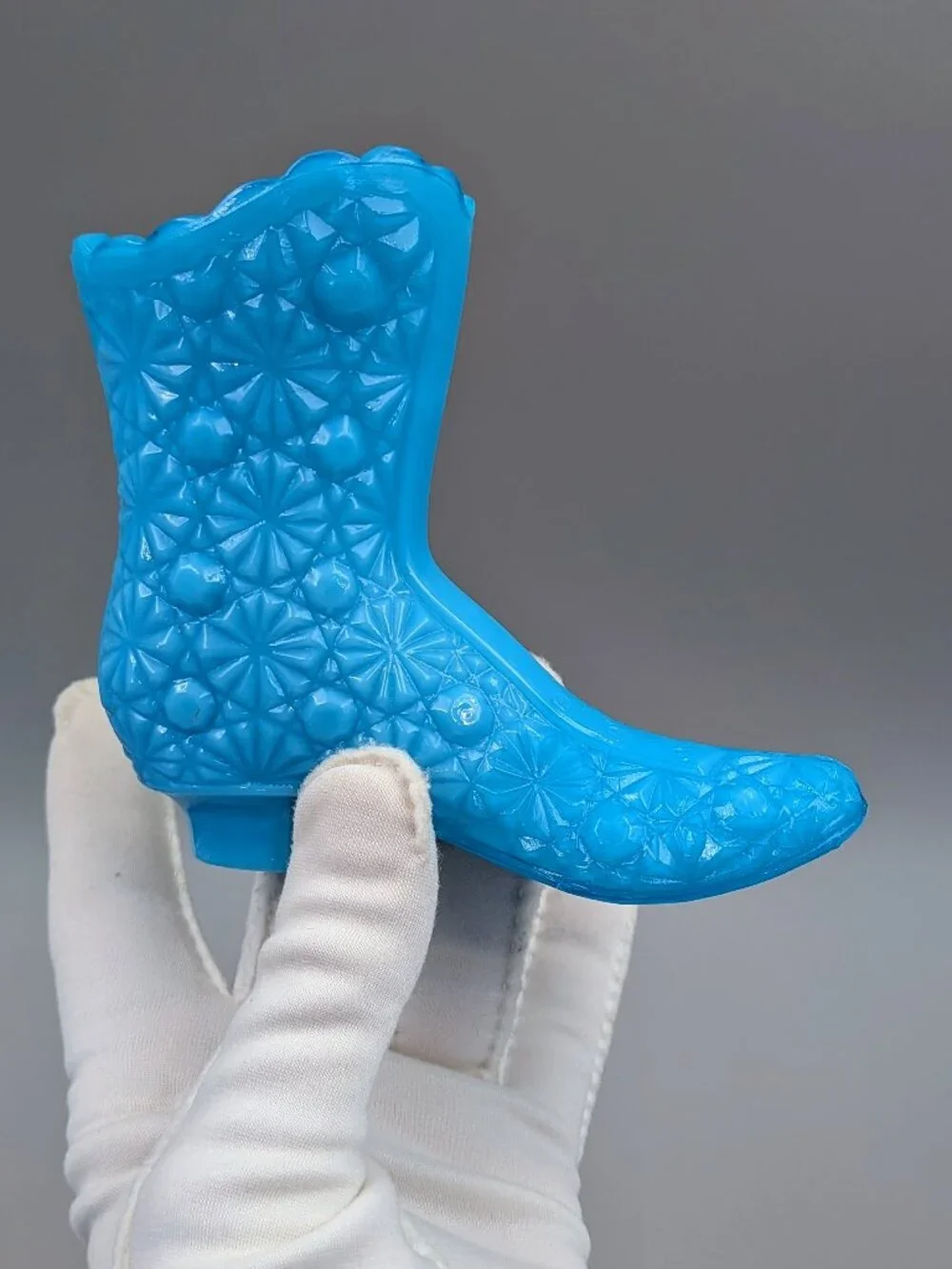 Vintage Fenton Turquoise Blue Victorian Style Glass Boot Figurine